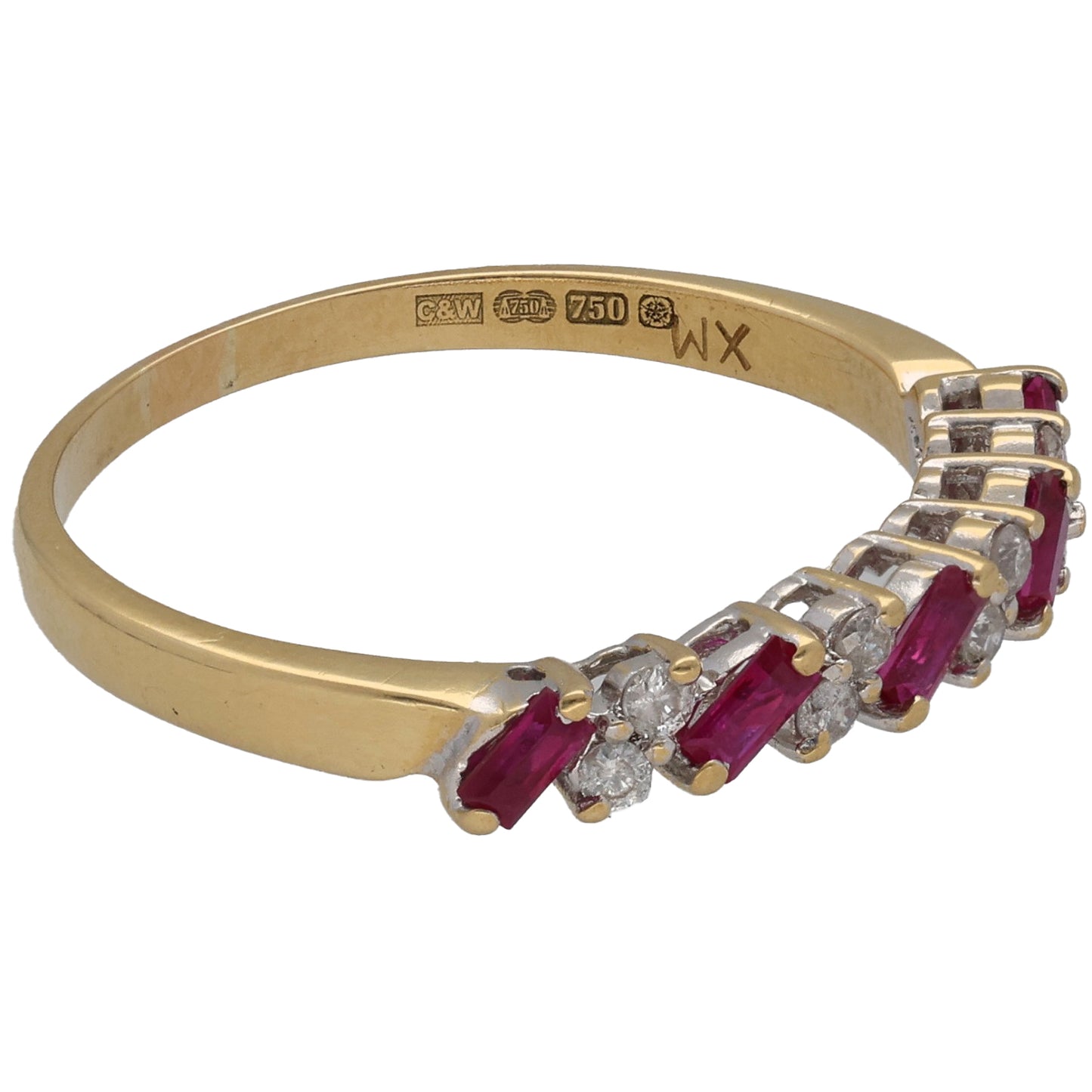 18ct Gold Ruby & 0.08ct Diamond Half Eternity Ring Size P