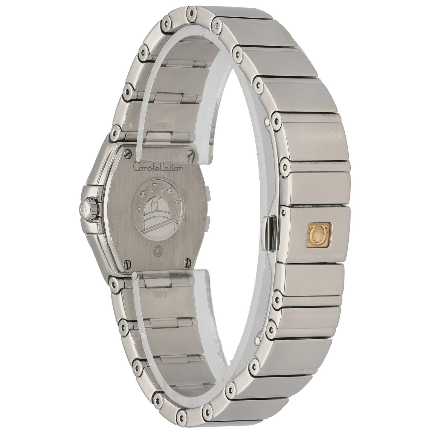 Stainless steel watch case with link bracelet, caseback with emblem, side crown