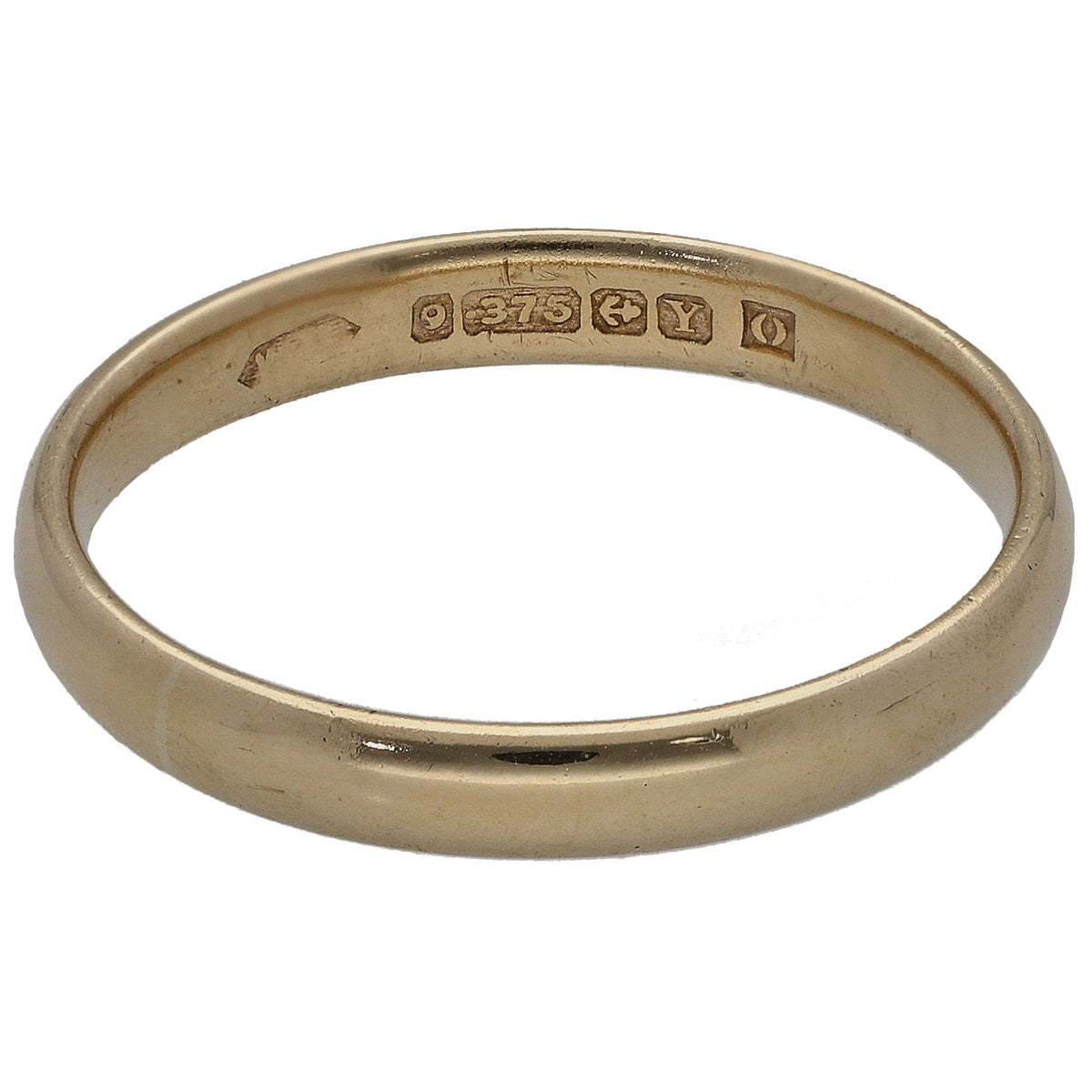 Gold band ring inside with hallmarks and maker stamp