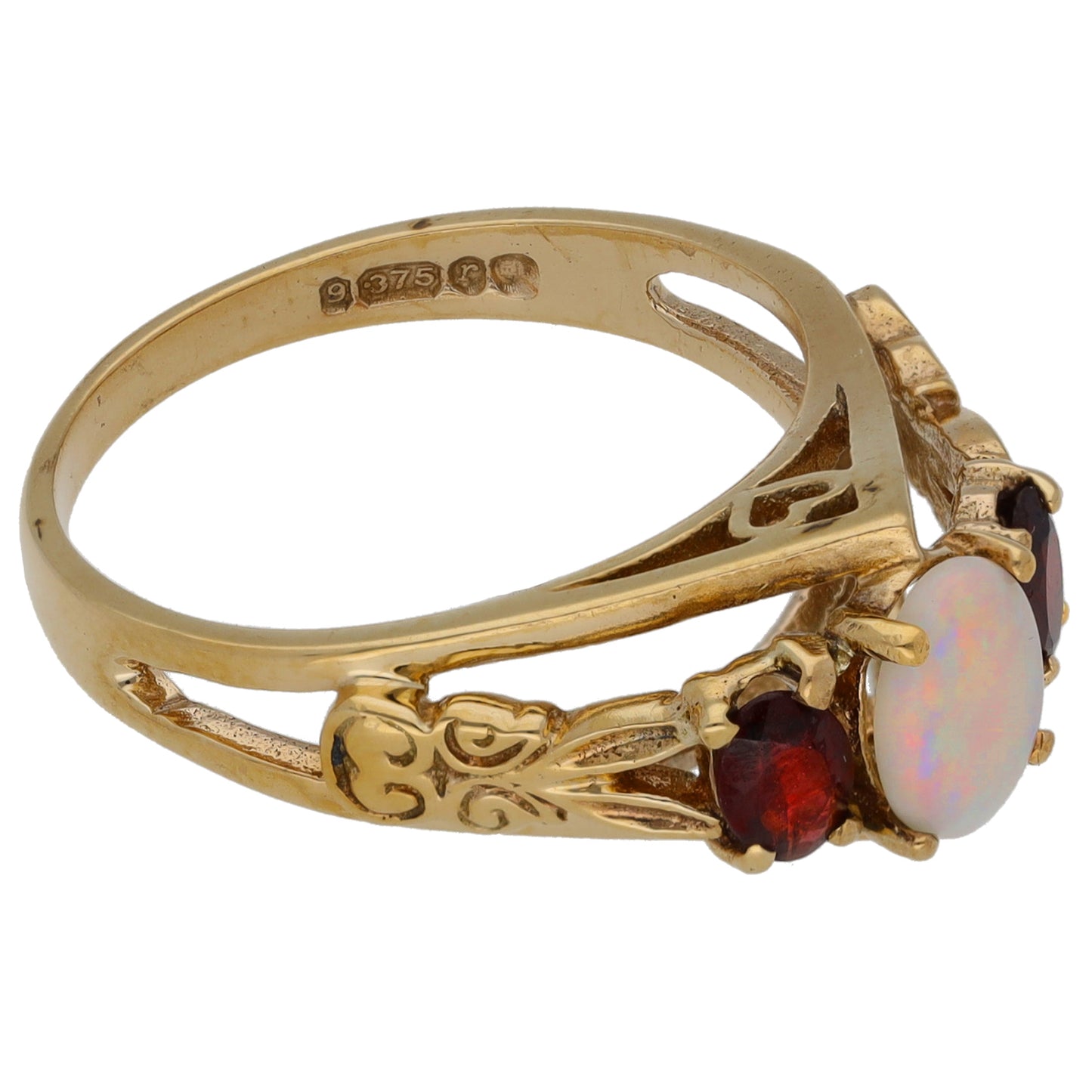 9ct Gold Garnet & Opal Three Stone Ring Size O