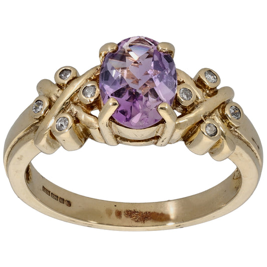 9ct Gold 0.08ct Diamond & Amethyst Single Stone Ring with Accent Stones Size N