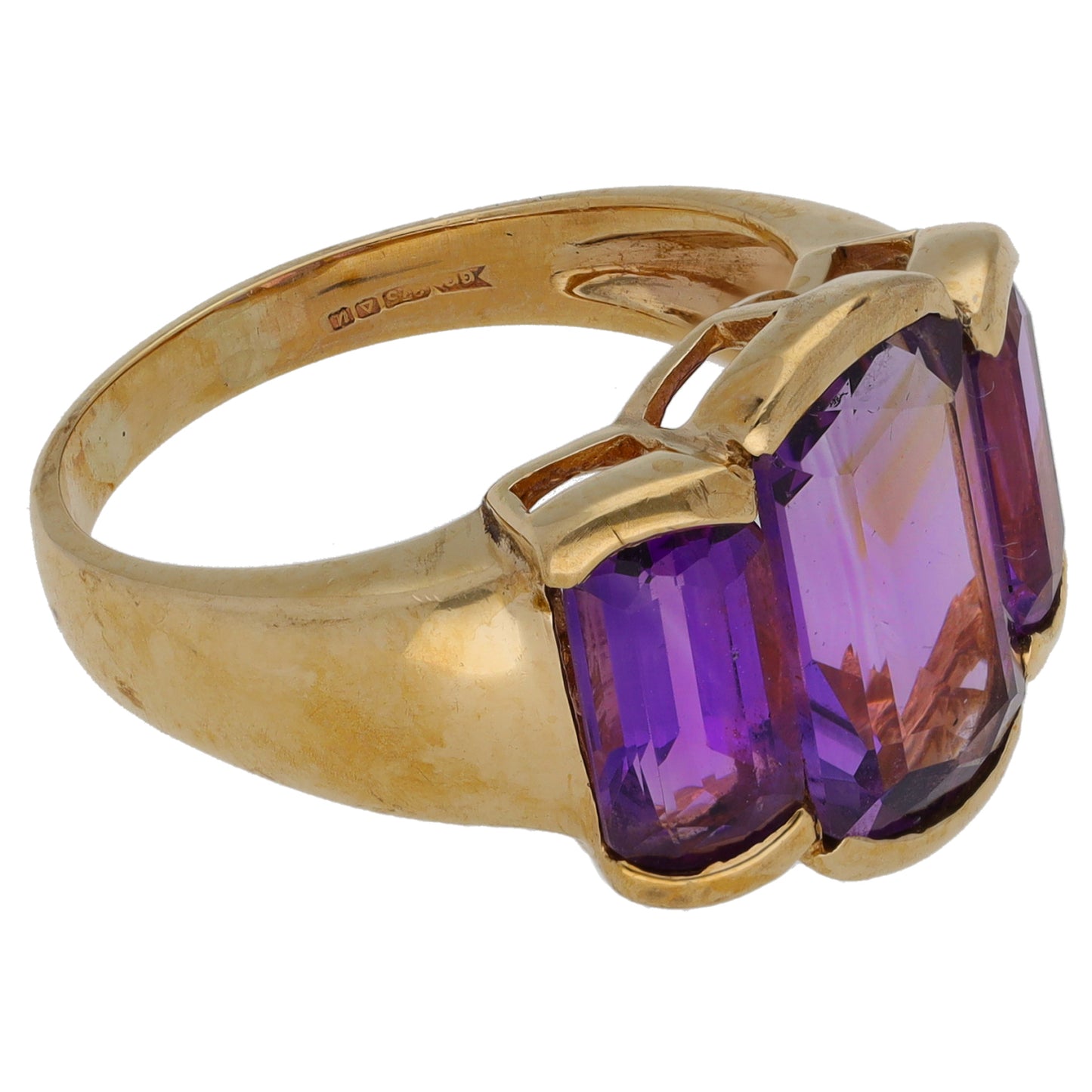 9ct Gold Amethyst Three Stone Ring Size N