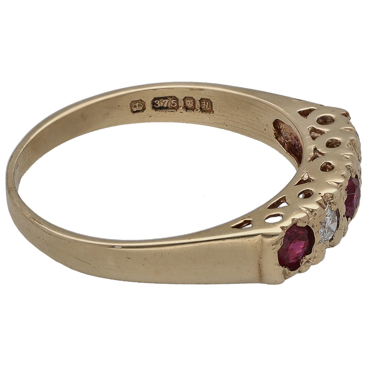 9ct gold ring side with red rubies, clear diamonds, and inside hallmark