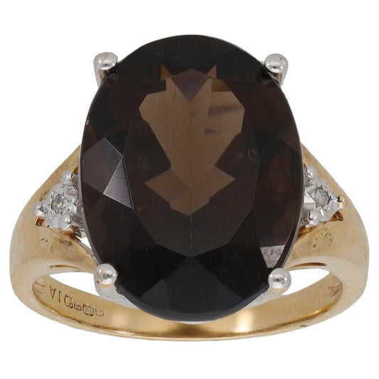 9ct Gold Smoky Quartz & 0.01ct Diamond Dress/Cocktail Ring Size M