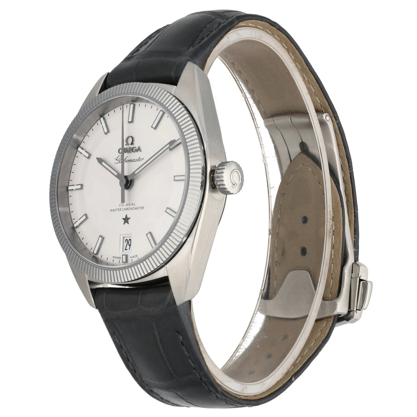 Omega Constellation Glodemaster 130.33.39.21.02.001, grey dial on black leather strap, front angle