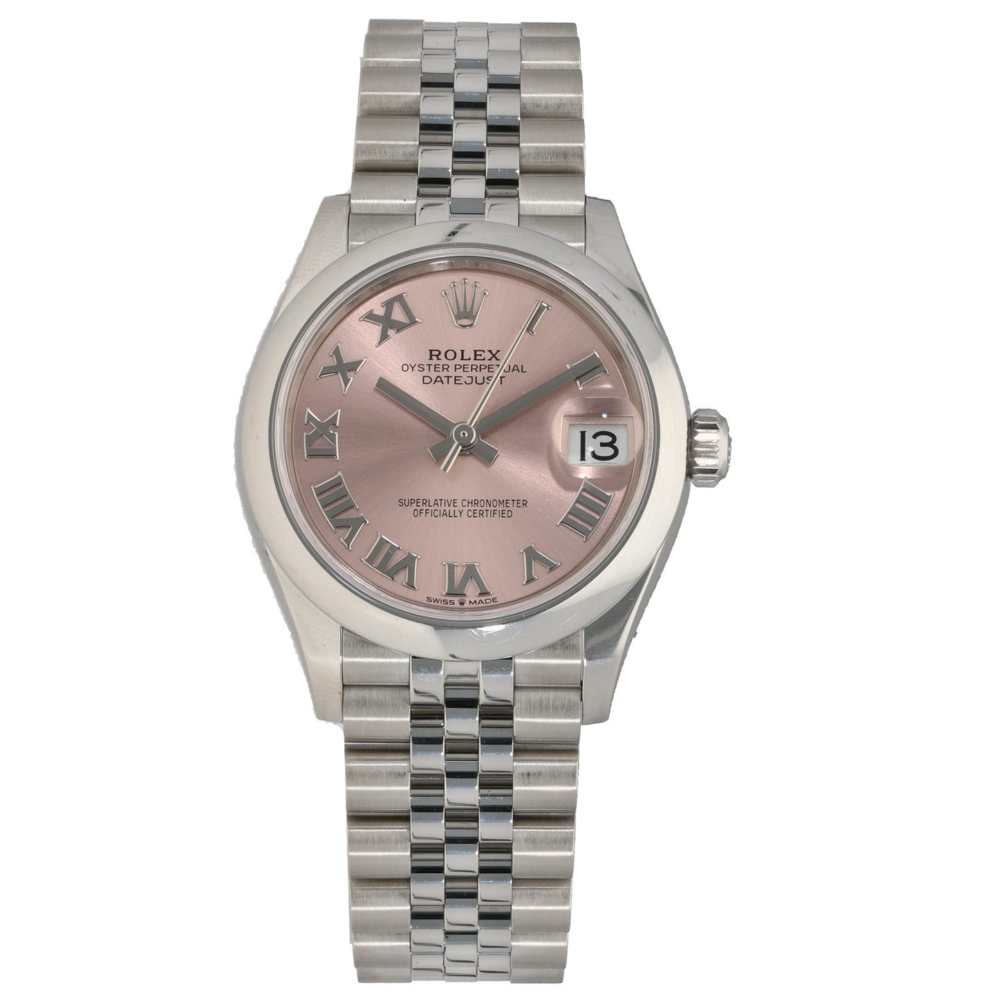 Stainless steelRolex Datejust 278240 watch, pink dial, Roman numerals, date window, jubilee bracelet