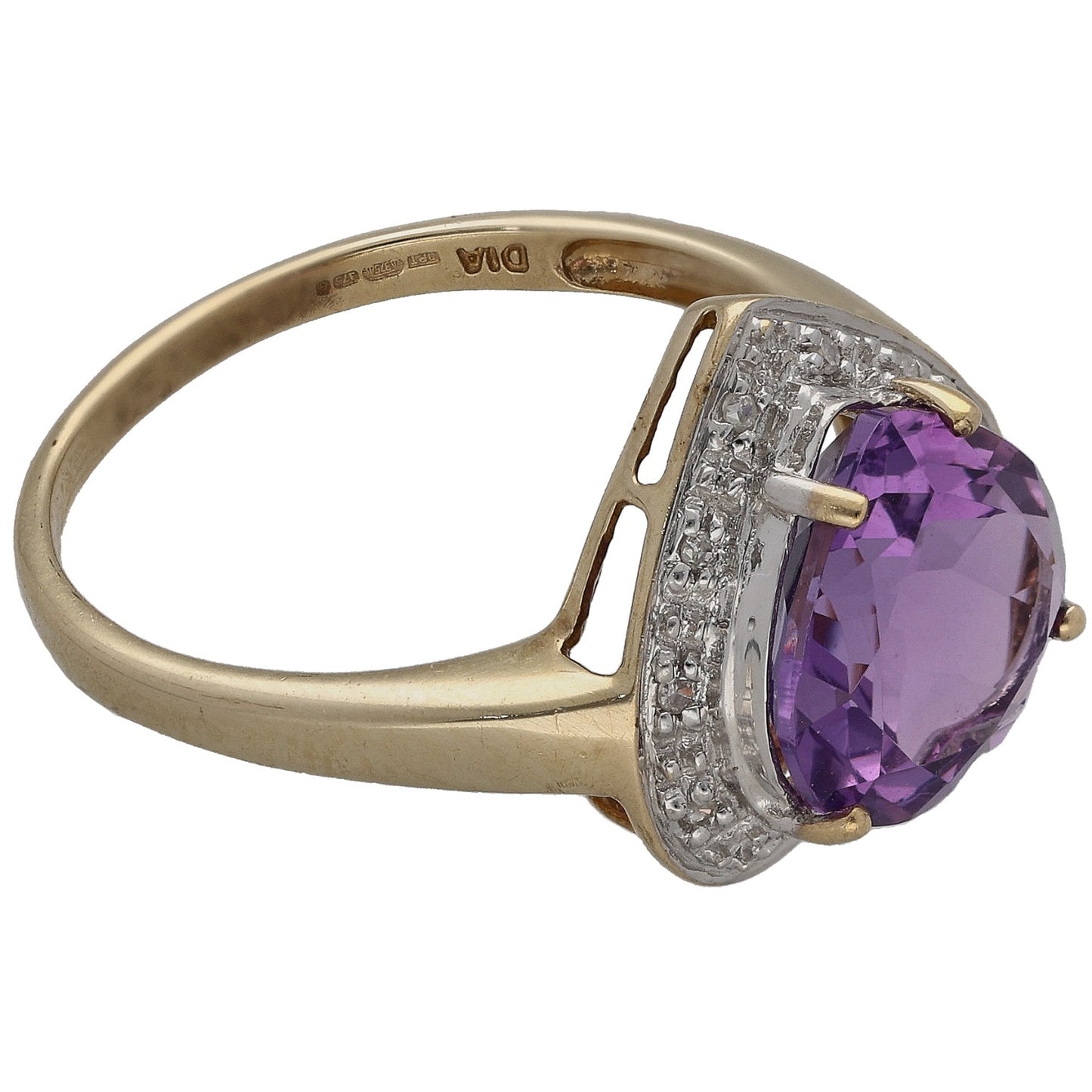 9ct Gold Amethyst & 0.05ct Diamond Dress/Cocktail Ring Size P
