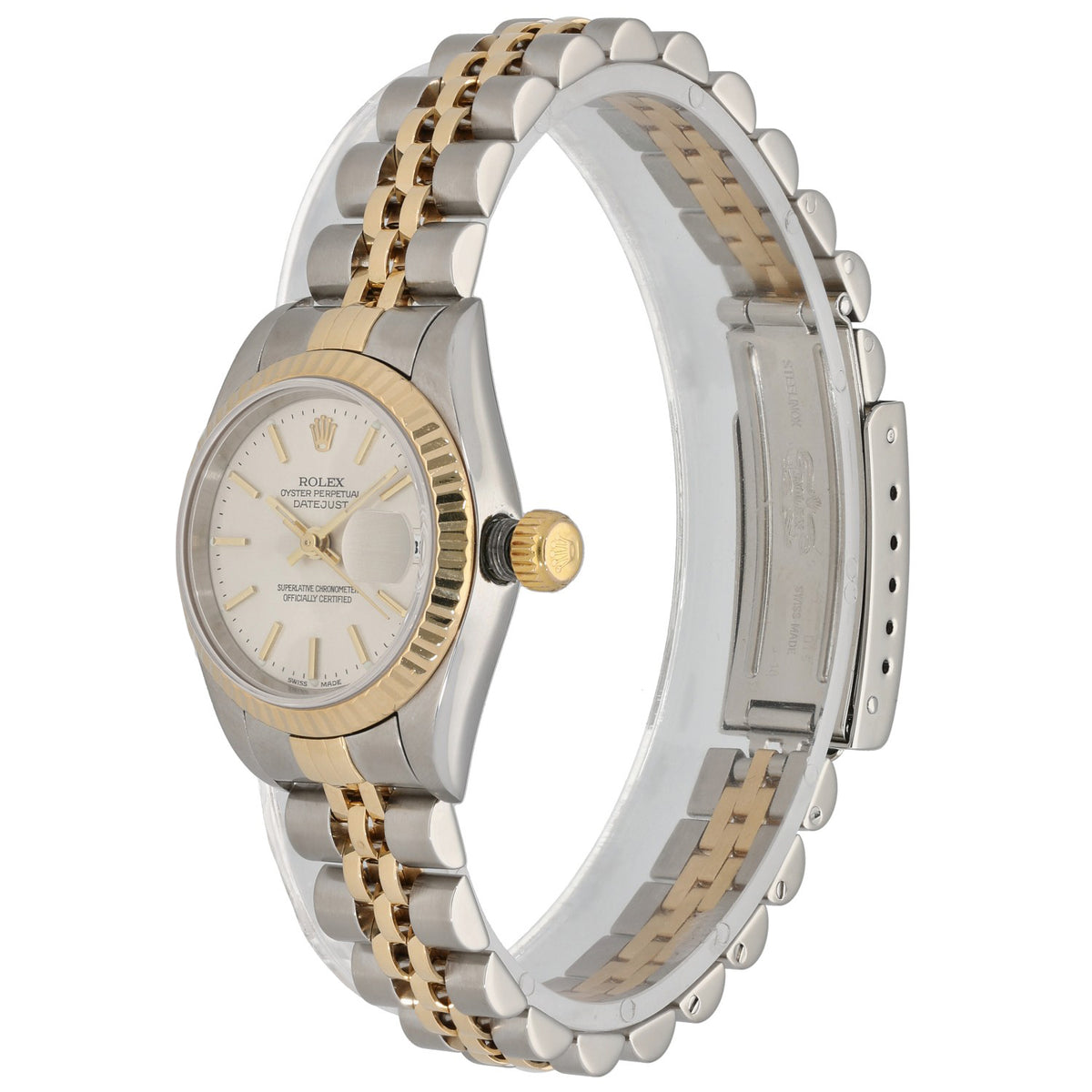 Rolex Datejust 79173 two-tone steel watch side view, gold bezel and crown.