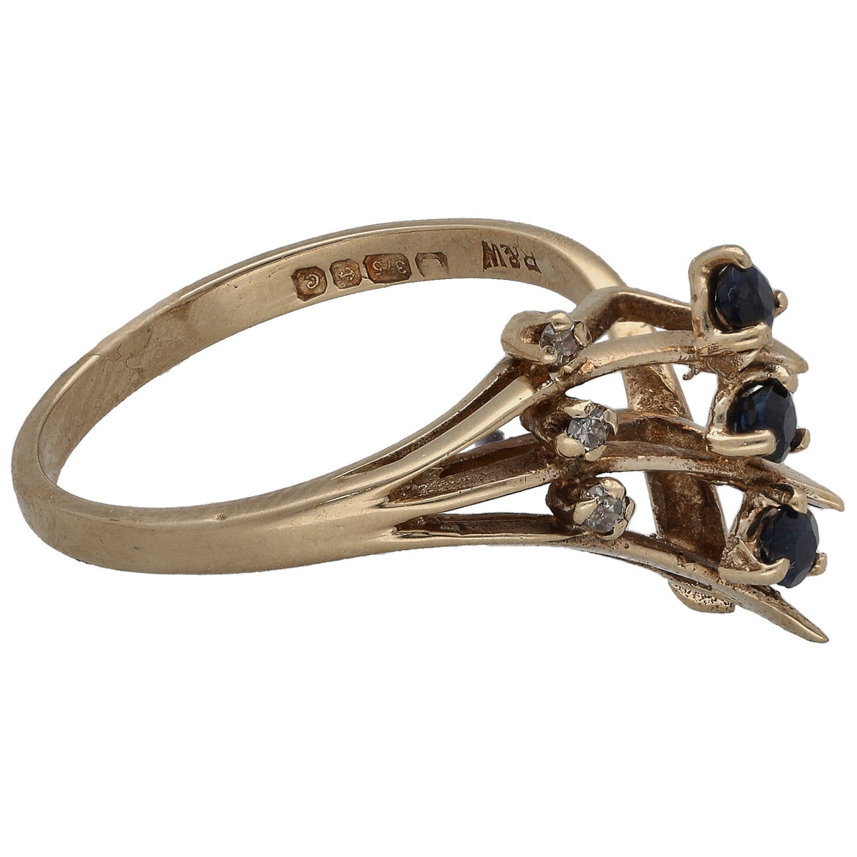 Gold sapphire and diamond cocktail ring, side view with inner band hallmark stamping.