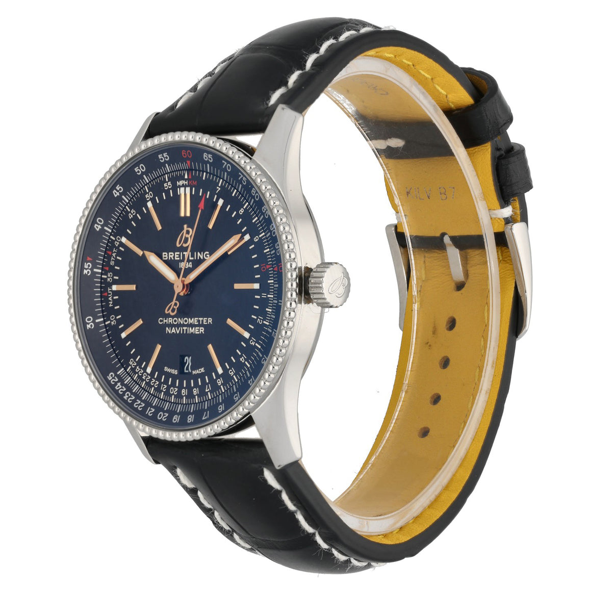 Breitling Navitimer A17326, black dial with black leather strap, with champagne colourd hour markers, crown angled image