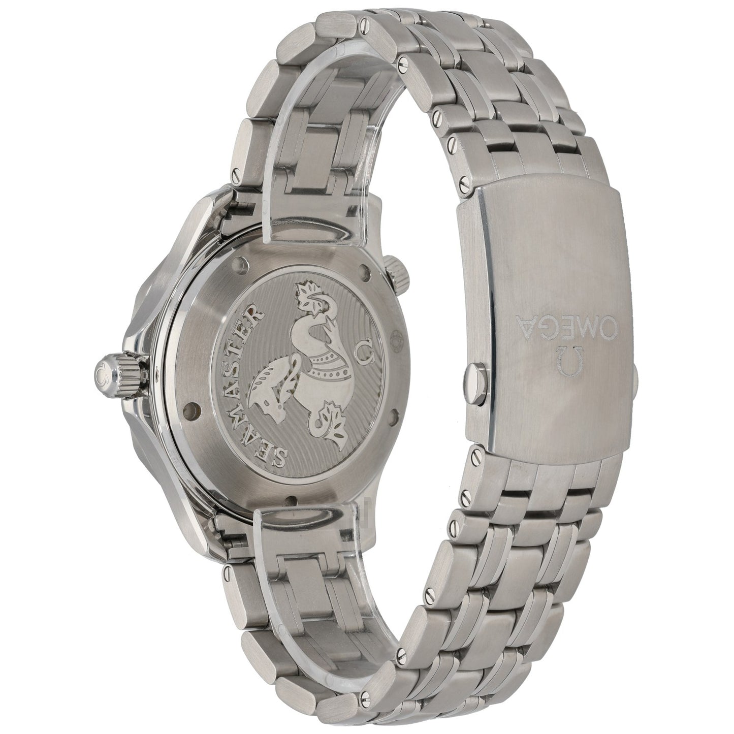 Omega Seamaster 212.30.41.20.03.001 Stainless steel watch caseback view with engraved Seahorse emblem and metal bracelet