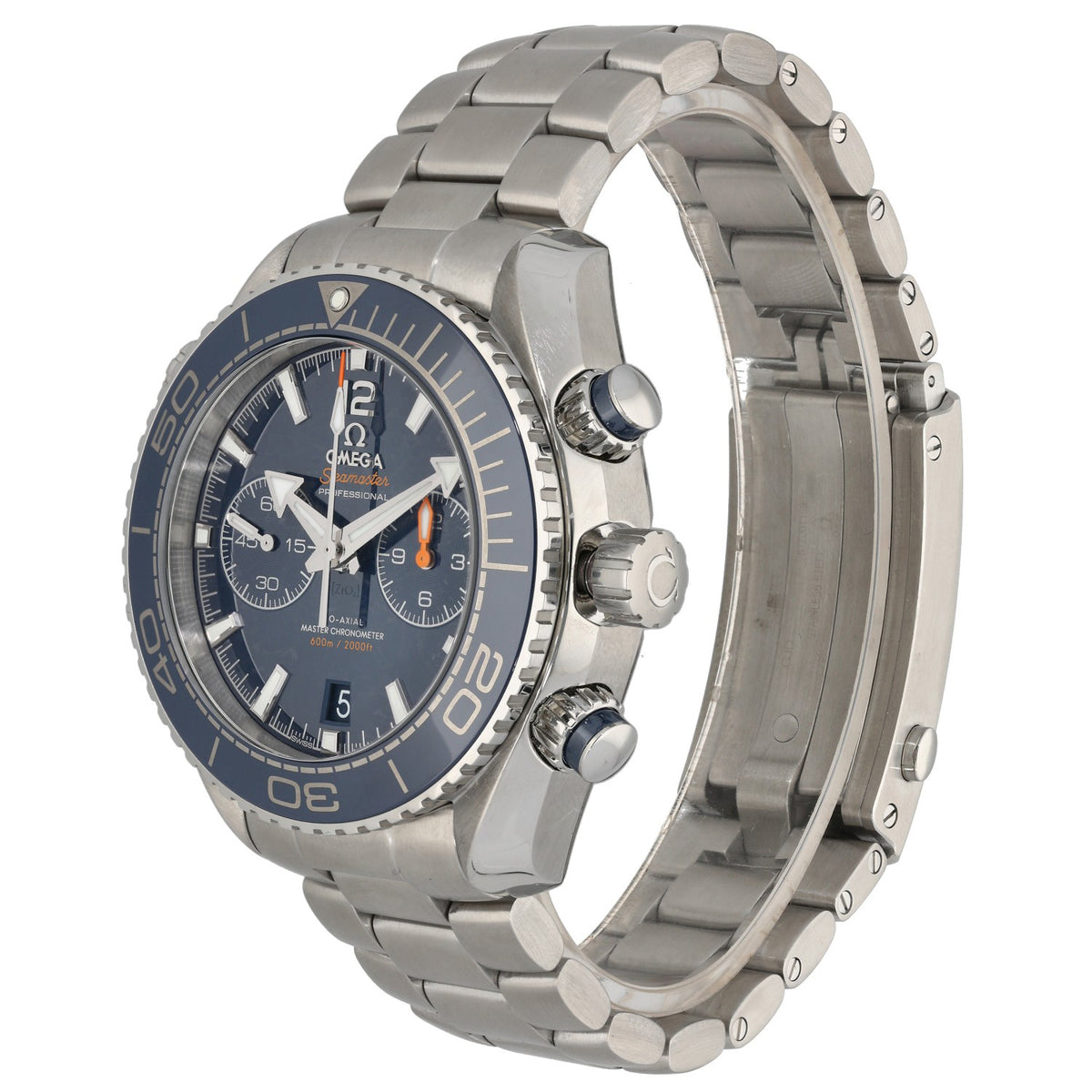 Omega Planet Ocean 215.30.46.51.03.001, blue dial with blue sub dials, on stainless steel, front angle