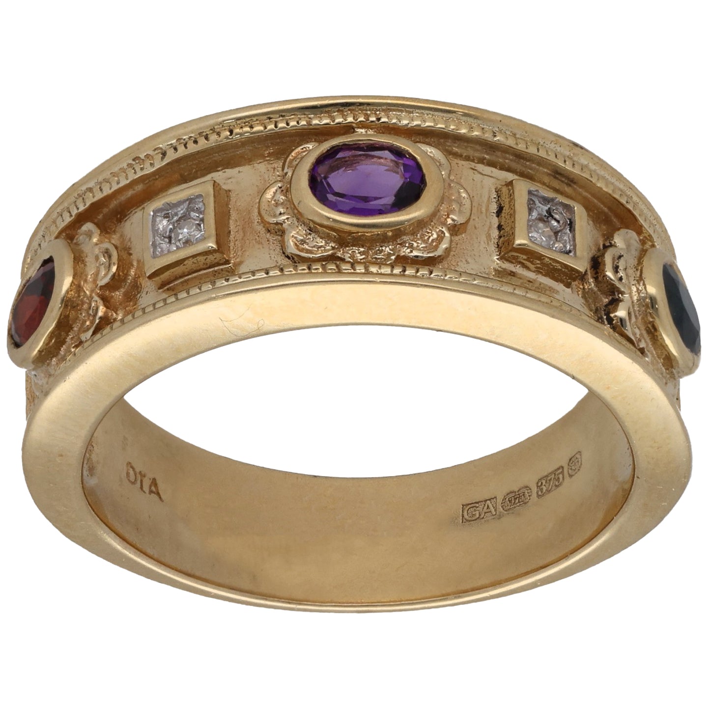 9ct Gold Garnet, Amethyst, Sapphire & 0.02ct Diamond Dress/Cocktail Ring Size R