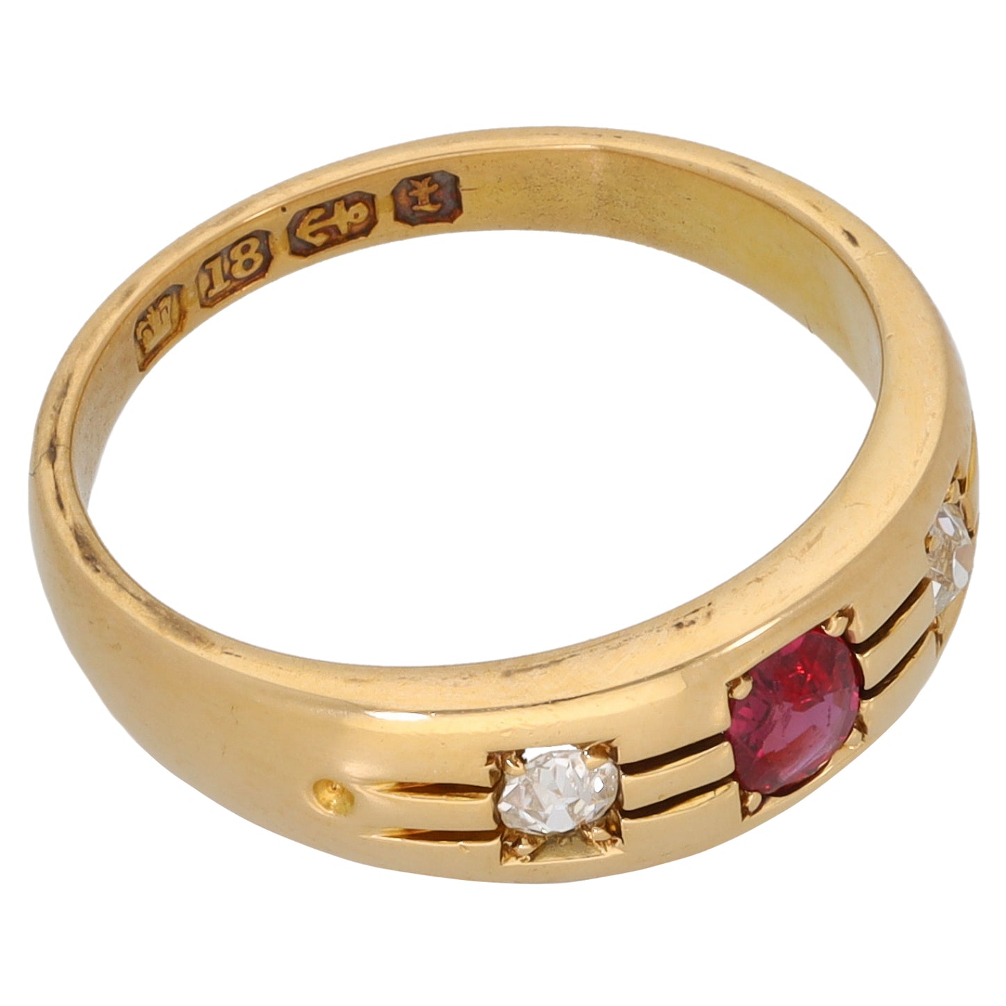 18ct Gold Ruby & 0.14ct Diamond Trilogy Ring Antique & Vintage Size L
