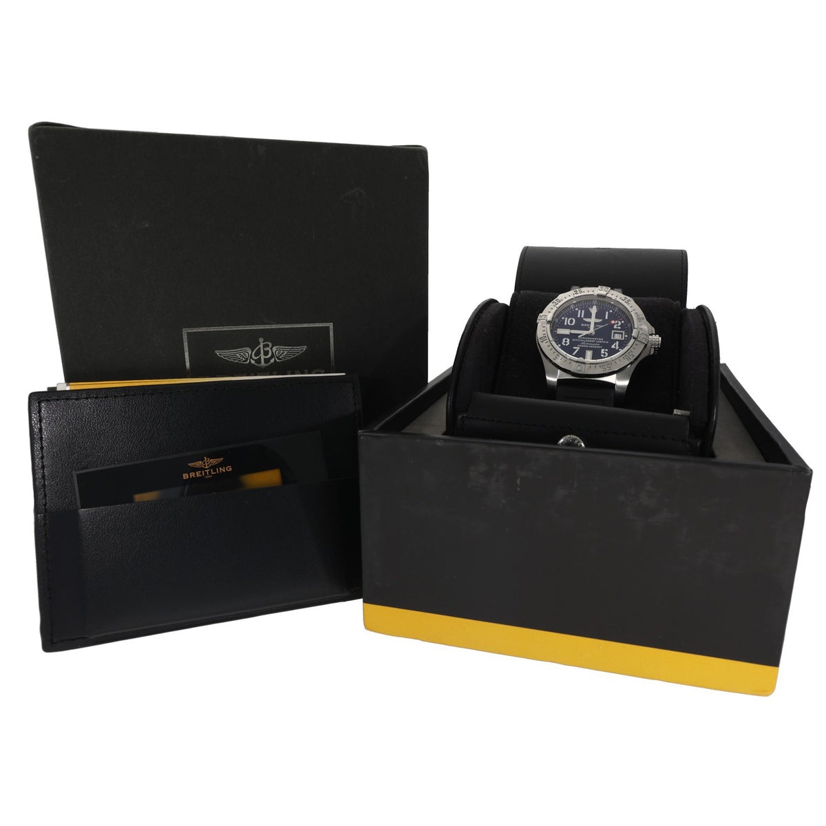 Breitling Avenger II A17330 Stainless steel wristwatch on black cushion with dark blue dial in open box