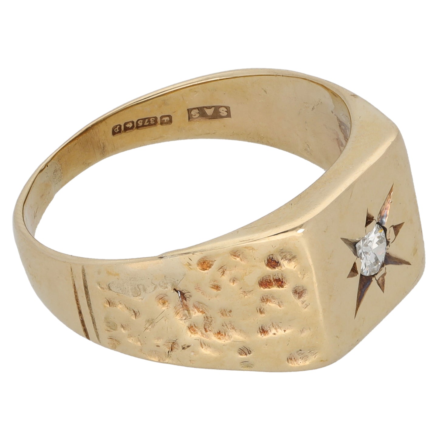 9ct Gold 0.07ct Diamond Single Stone Patterned Signet Ring Size R