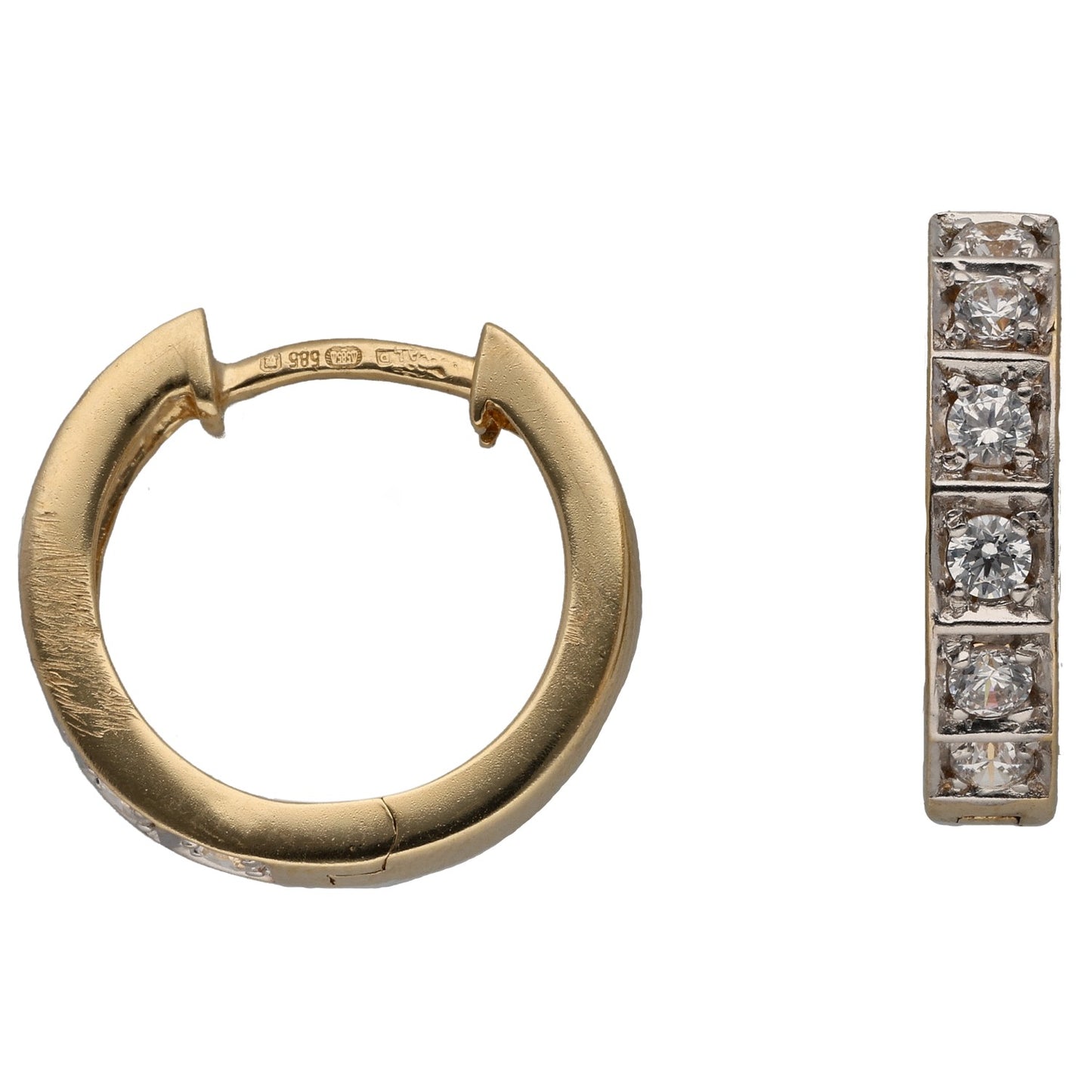 Gold CZ hoop earrings: round hinged hoop and vertical CZ bar