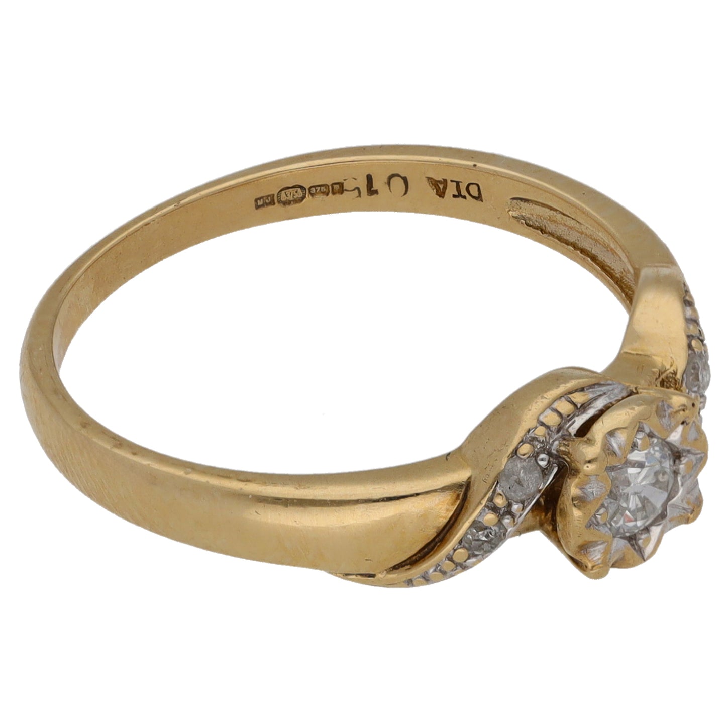 9ct Gold 0.15ct Diamond Solitaire Ring With Accent Stones Size M