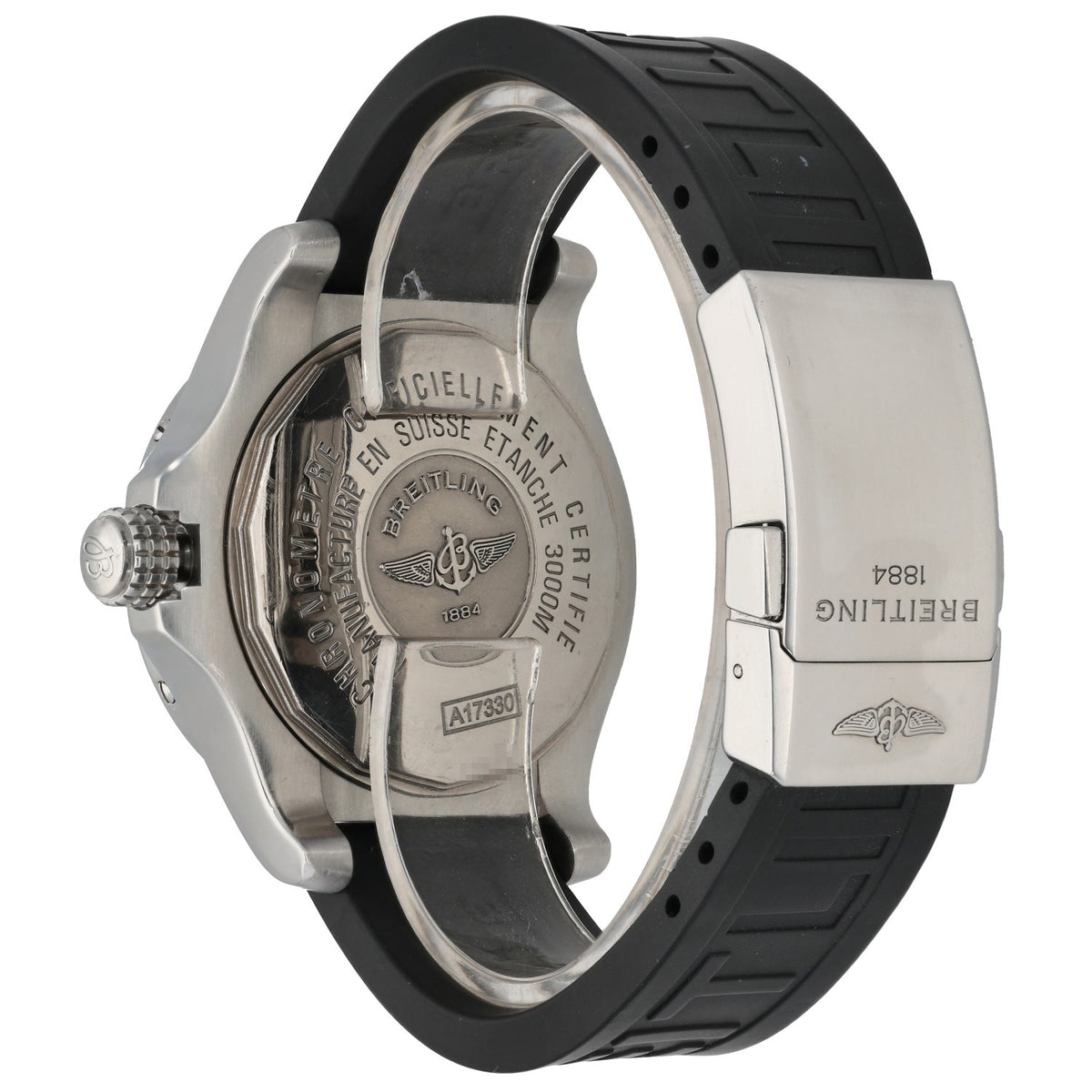 Breitling Chronomat A17330 stainless steel watch back with black rubber strap and engraved caseback.