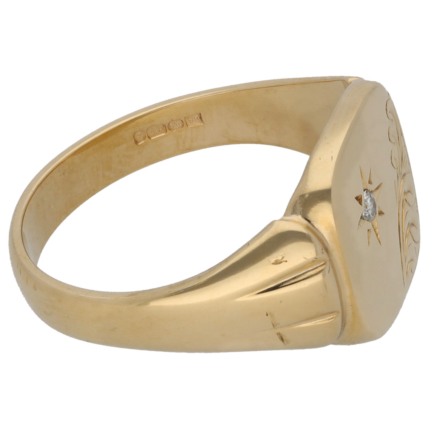 9ct Gold 0.01ct Diamond Patterned Signet Ring Size Q