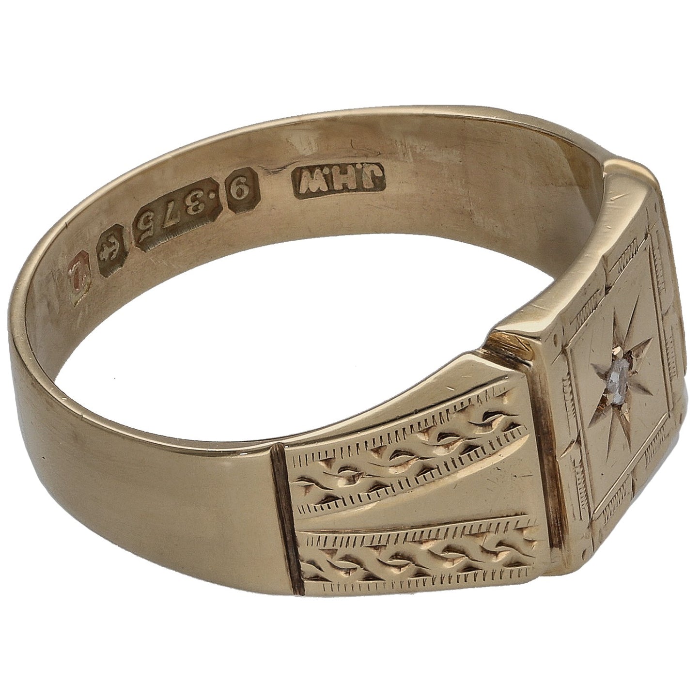9ct Gold 0.02ct Diamond Patterned Signet Ring Size Q