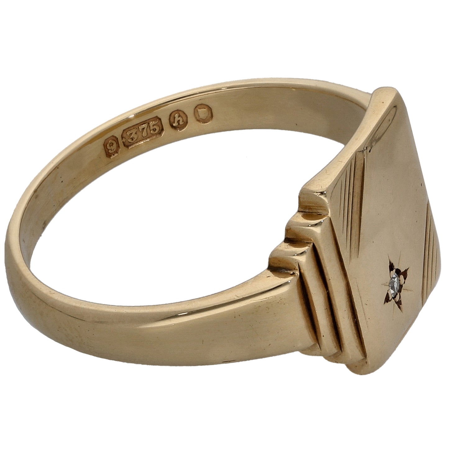 9ct Gold 0.005ct Diamond Patterned Single Stone Signet Ring Size U