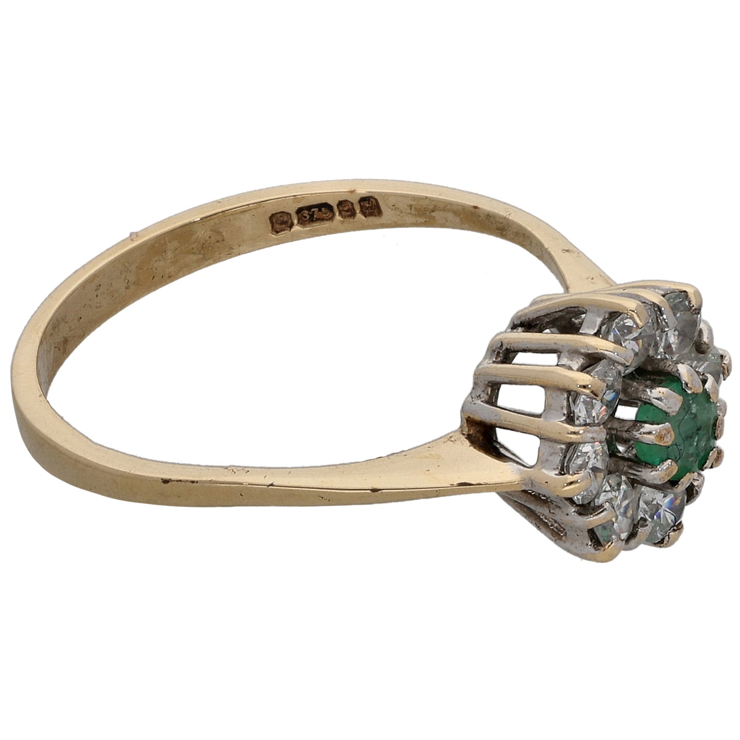 9ct Gold Emerald & Cubic Zirconia Cluster Ring Size O