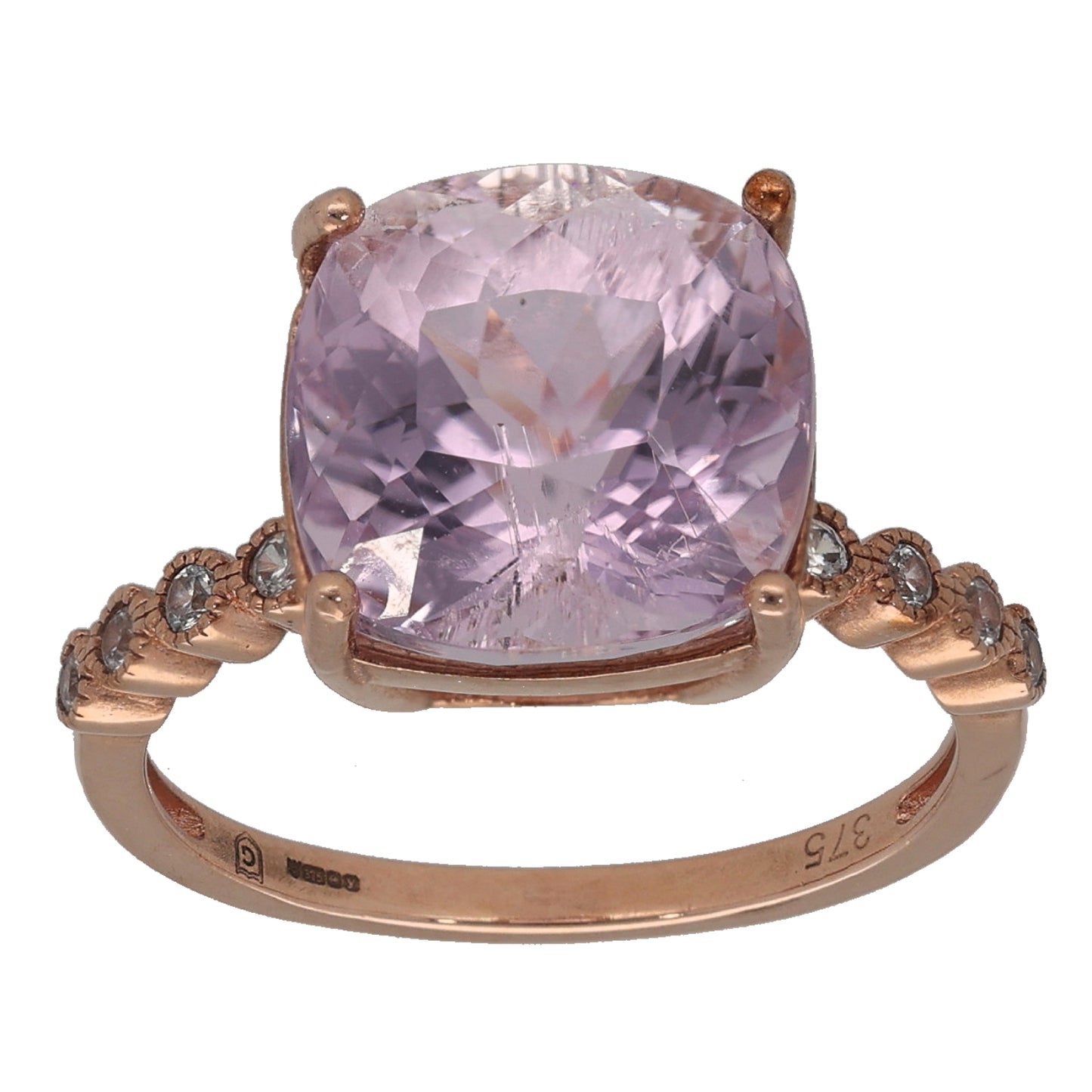 9ct Gold Kunzite & Imitation Single Stone Ring with Accent Stones Size N