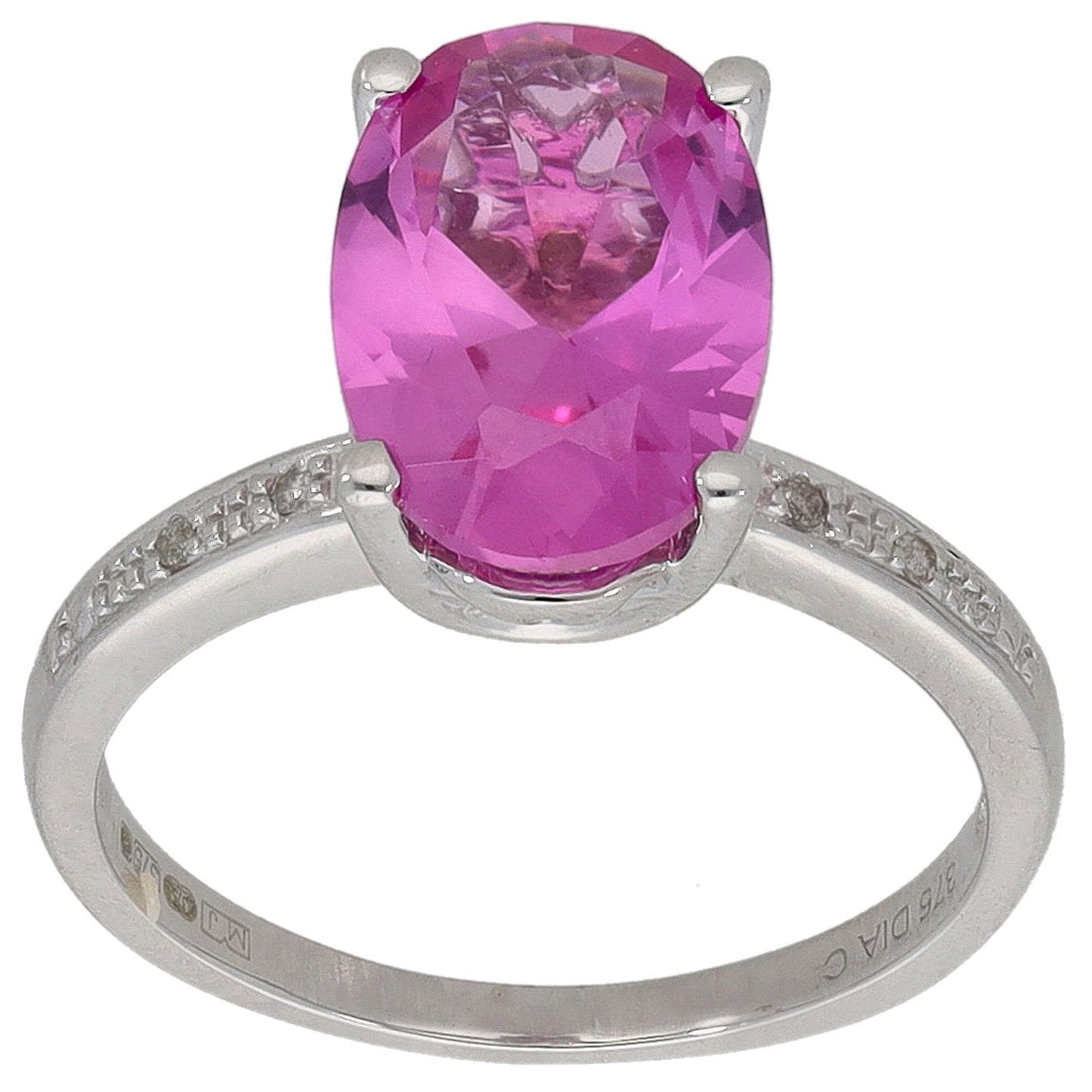 9ct White Gold Man Made Sapphire & 0.03ct Diamond Single Stone Ring with Accent Stones Size L