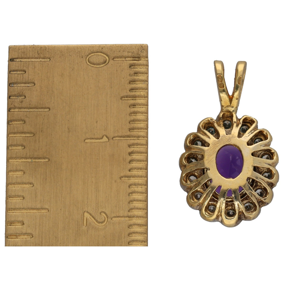 Gold amethyst cluster pendant with round diamond halo and short V bail