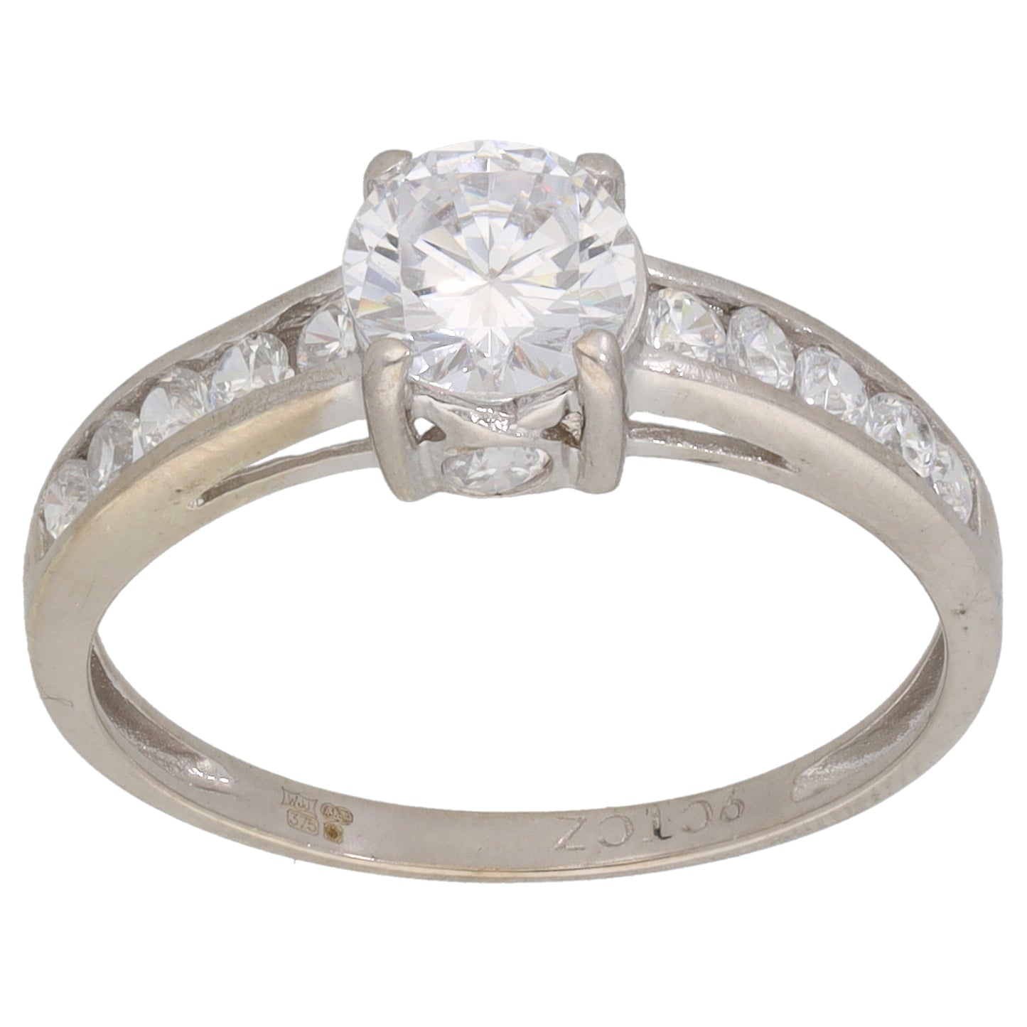 9ct White Gold Cubic Zirconia Single Stone Ring with Accent Stones Size O