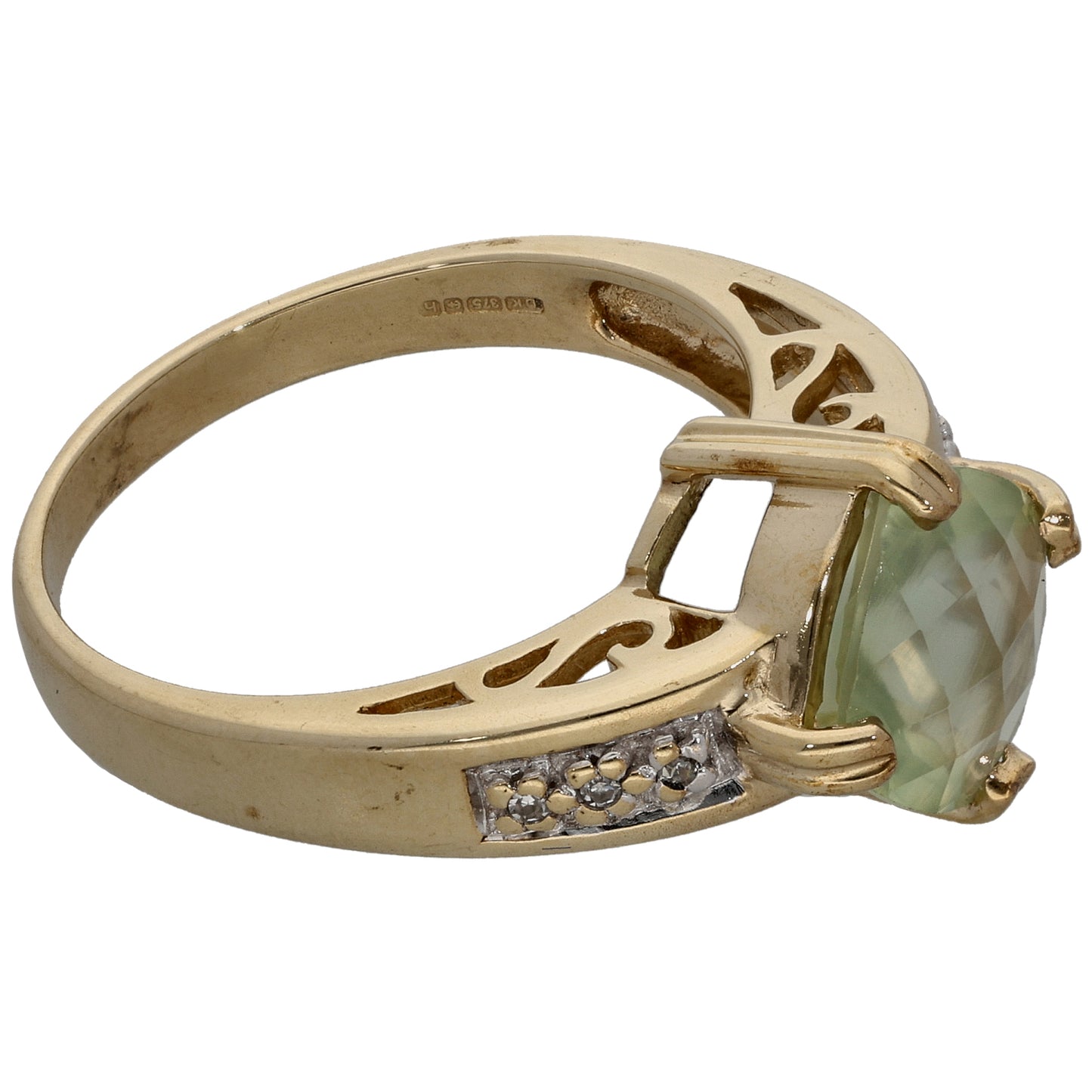9ct Gold Prehnite & 0.03ct Diamond Single Stone Ring with Accent Stones Size N