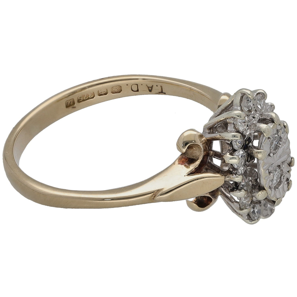 9ct yellow gold ring with round diamond cluster, side profile, split shank prongs