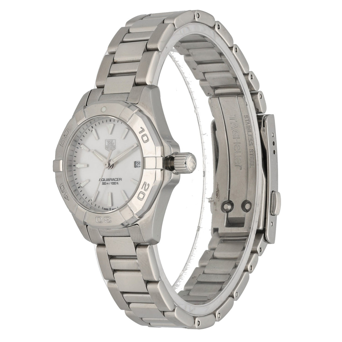 Tag Heuer Aquaracer WAY1412, mother of pearl dial, silver baton hour markers, front three quarter angle