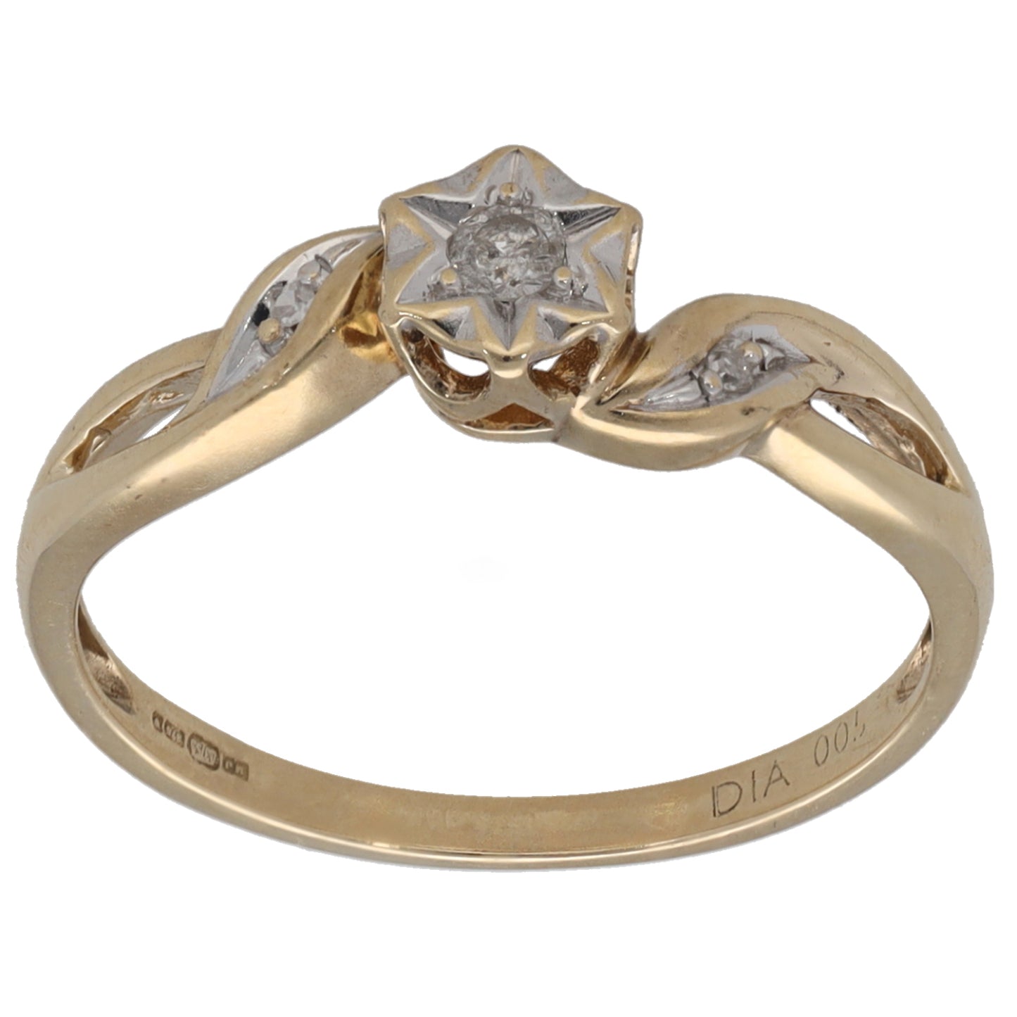 9ct Gold 0.05ct Diamond Solitaire Ring With Accent Stones Size L