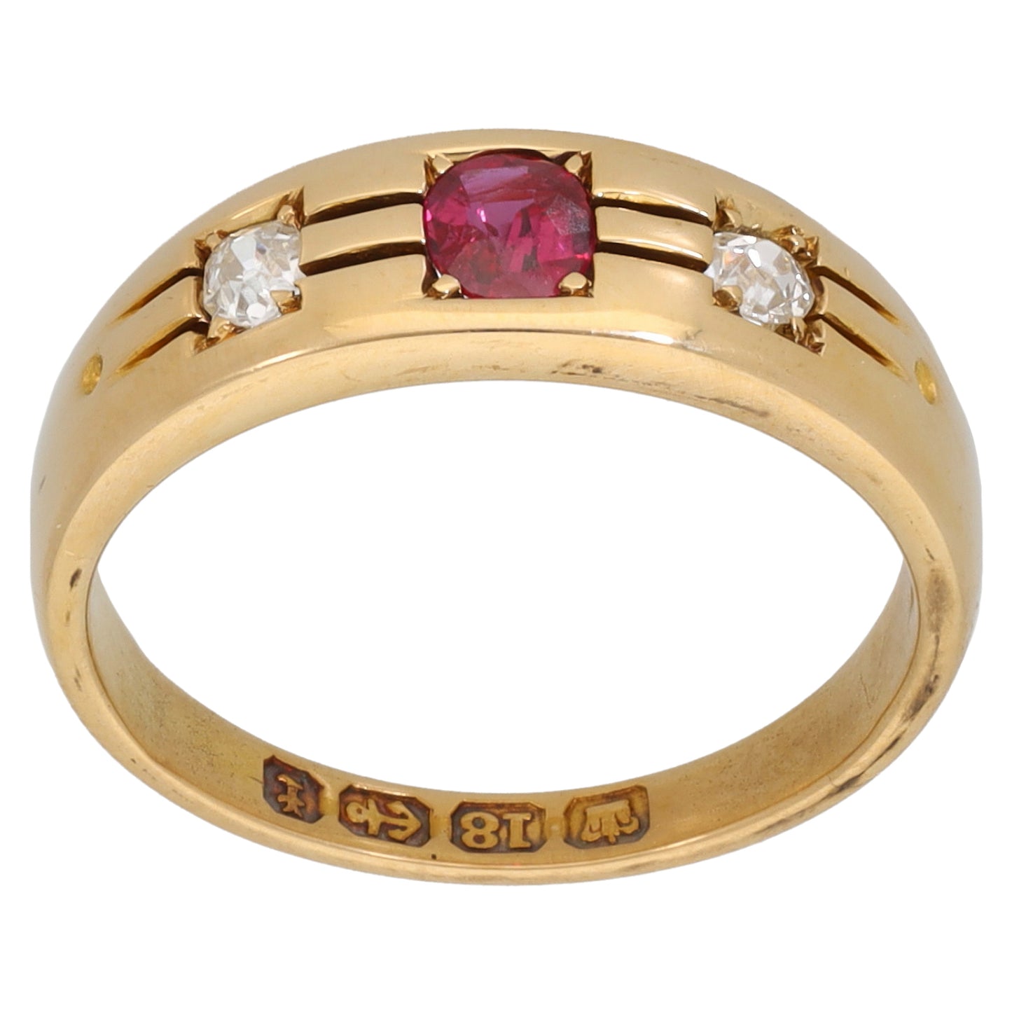 18ct Gold Ruby & 0.14ct Diamond Trilogy Ring Antique & Vintage Size L