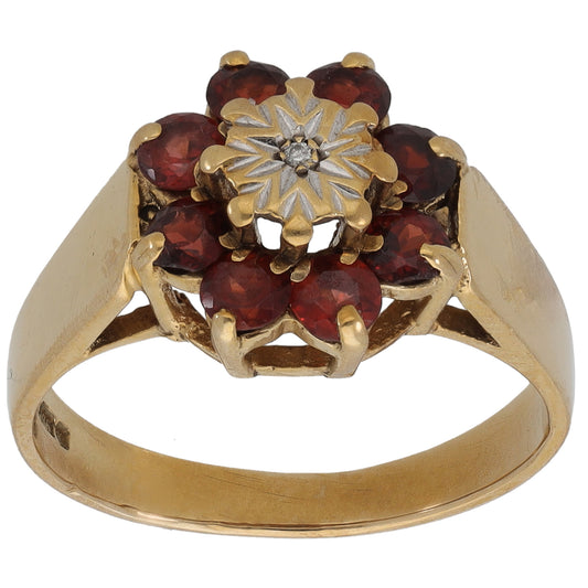 9ct Gold 0.005ct Diamond & Garnet Cluster Ring Size M