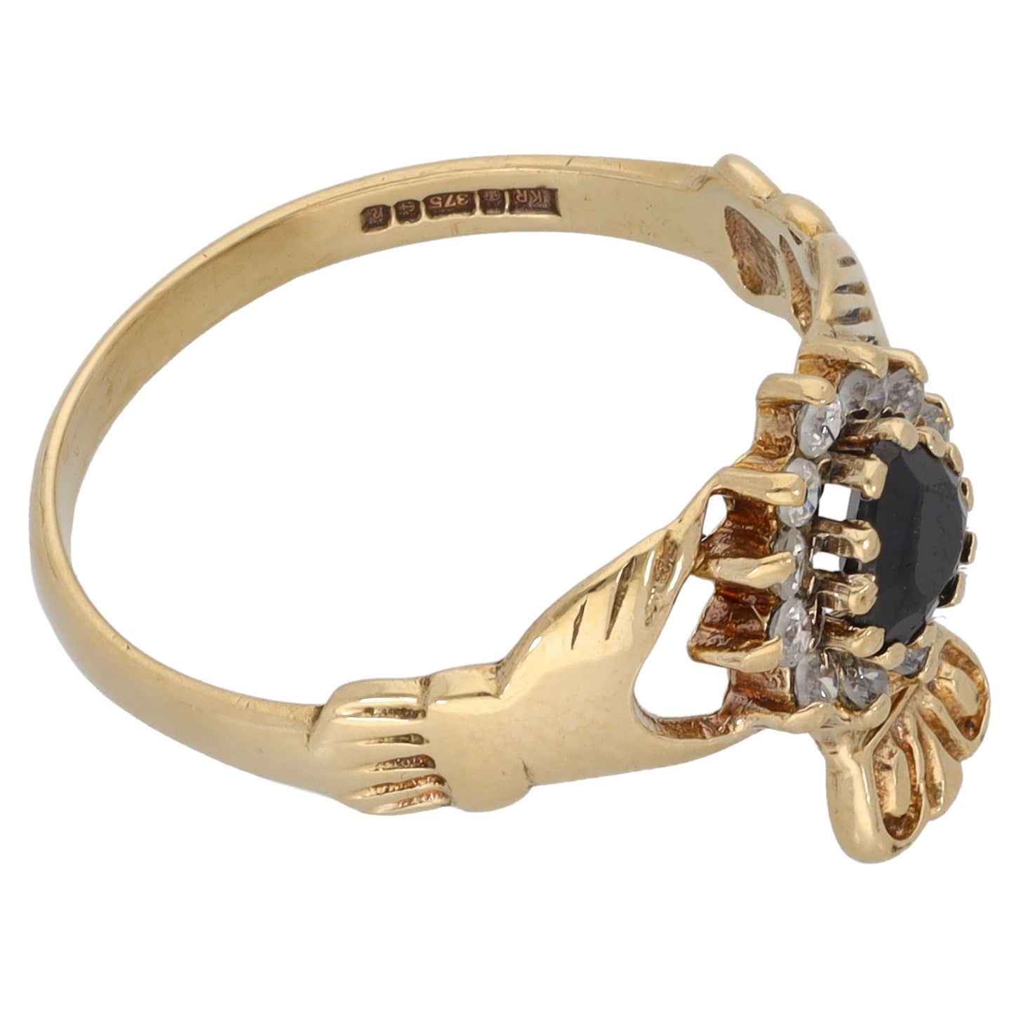 9ct Gold Sapphire & Cubic Zirconia Claddagh Ring Size P