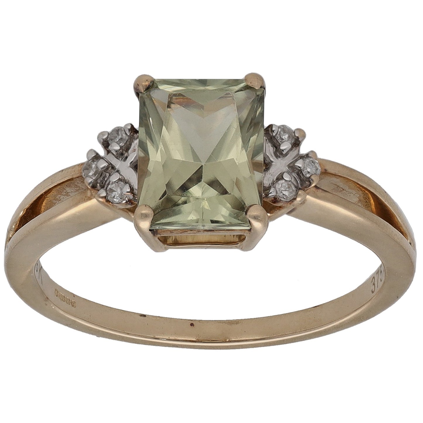 9ct gold ring with square light green center stone and small diamond accents