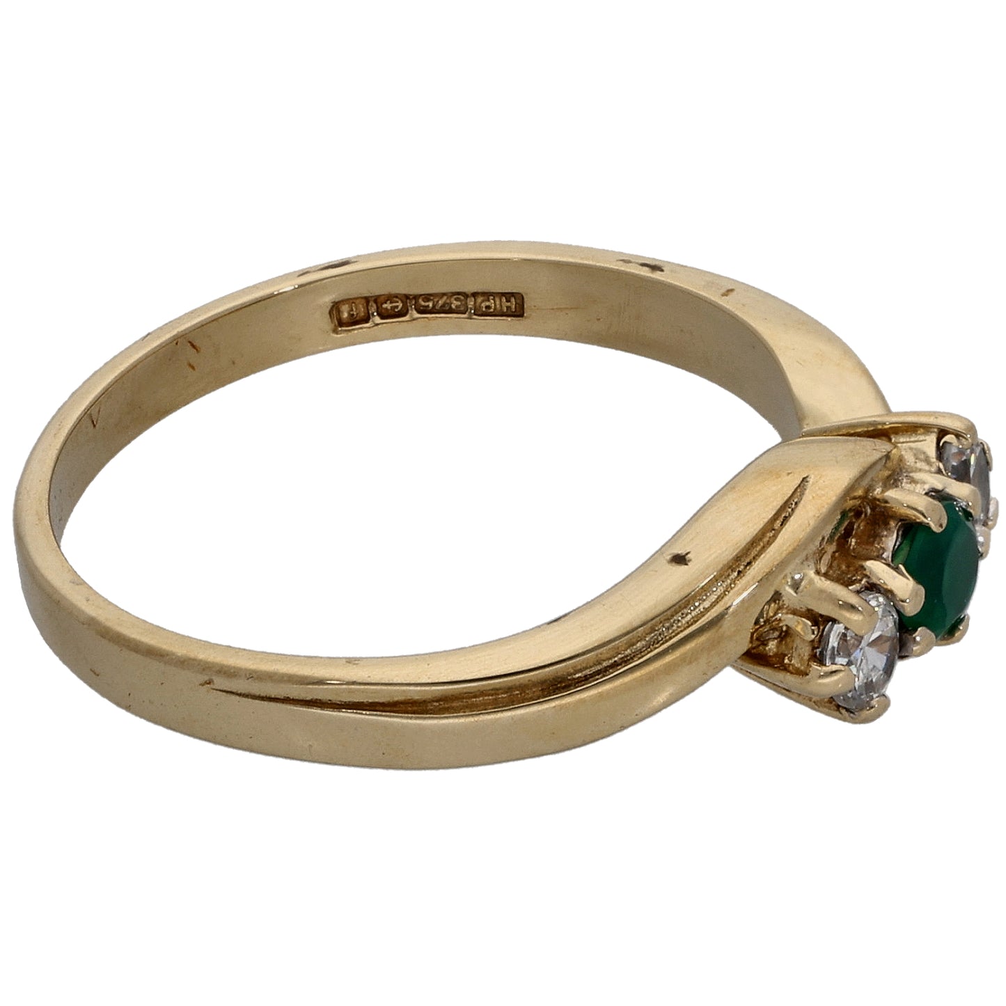 9ct Gold Green Agate & Cubic Zirconia Trilogy Ring Size O