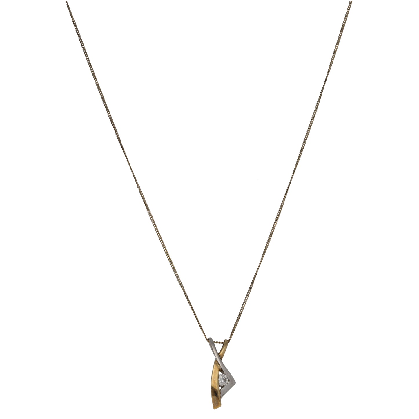 Two-tone gold CZ pendant on chain, teardrop-shaped setting with clear stone