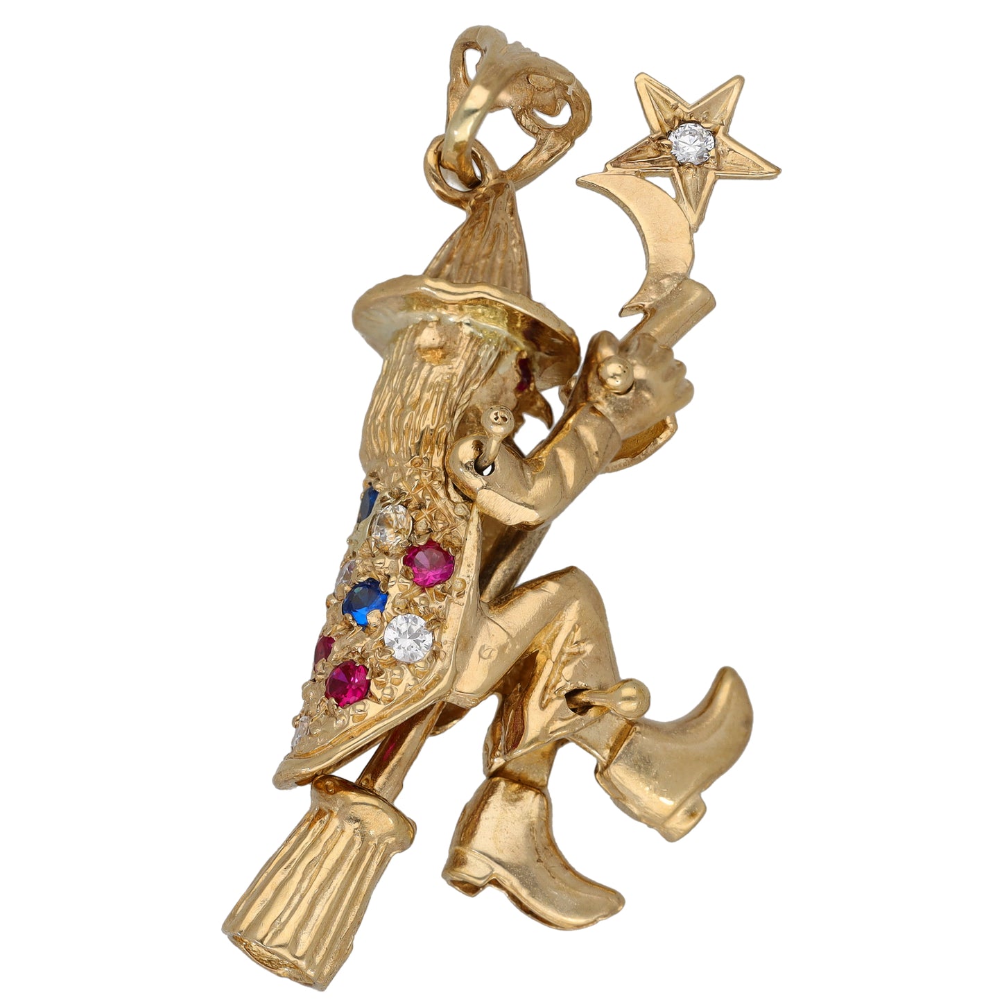 Gold-tone character pendant with clown figure, star charm, and colorful crystal accents