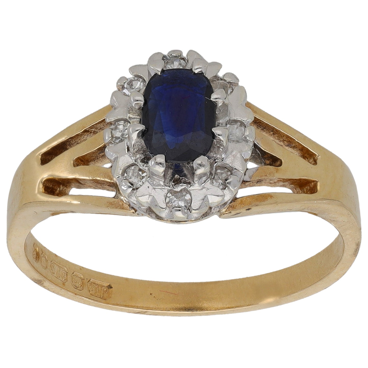 9ct Gold Sapphire & 0.08ct Diamond Cluster Ring Size N