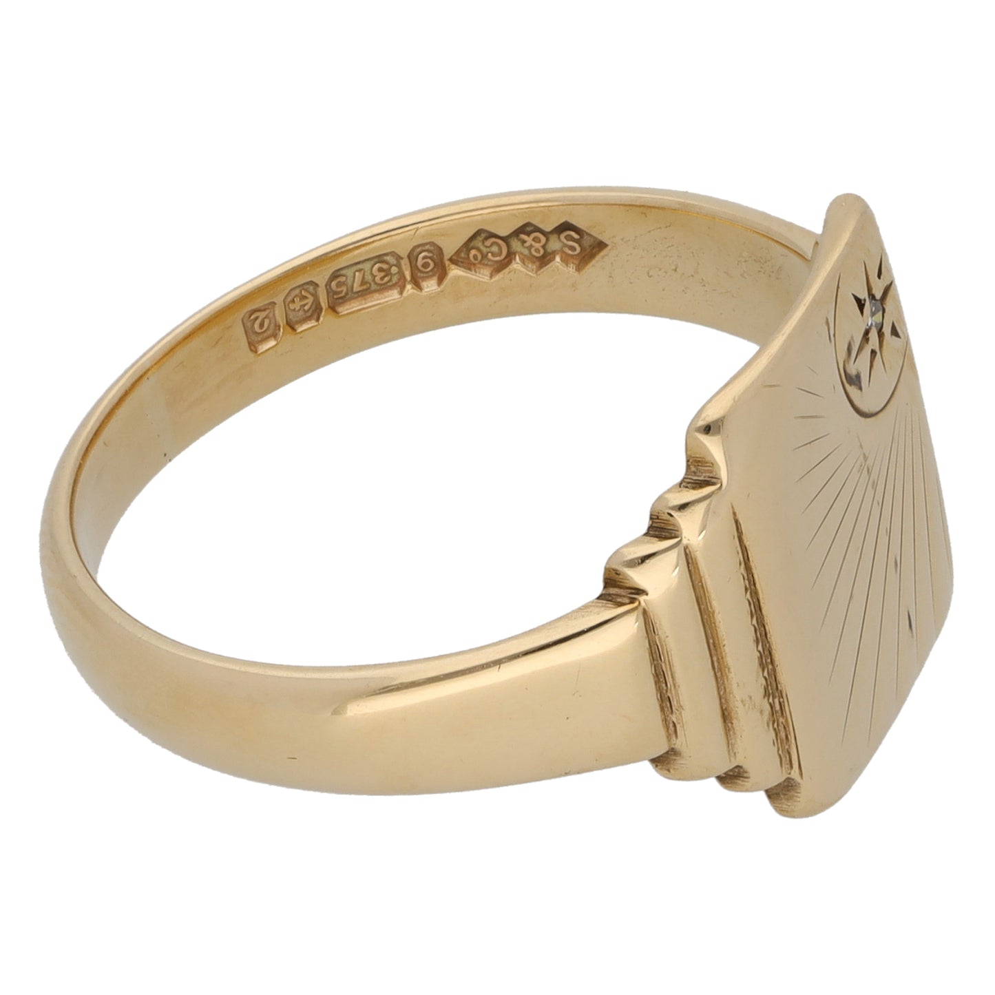 9ct Gold 0.01ct Diamond Patterned Signet Ring Size U