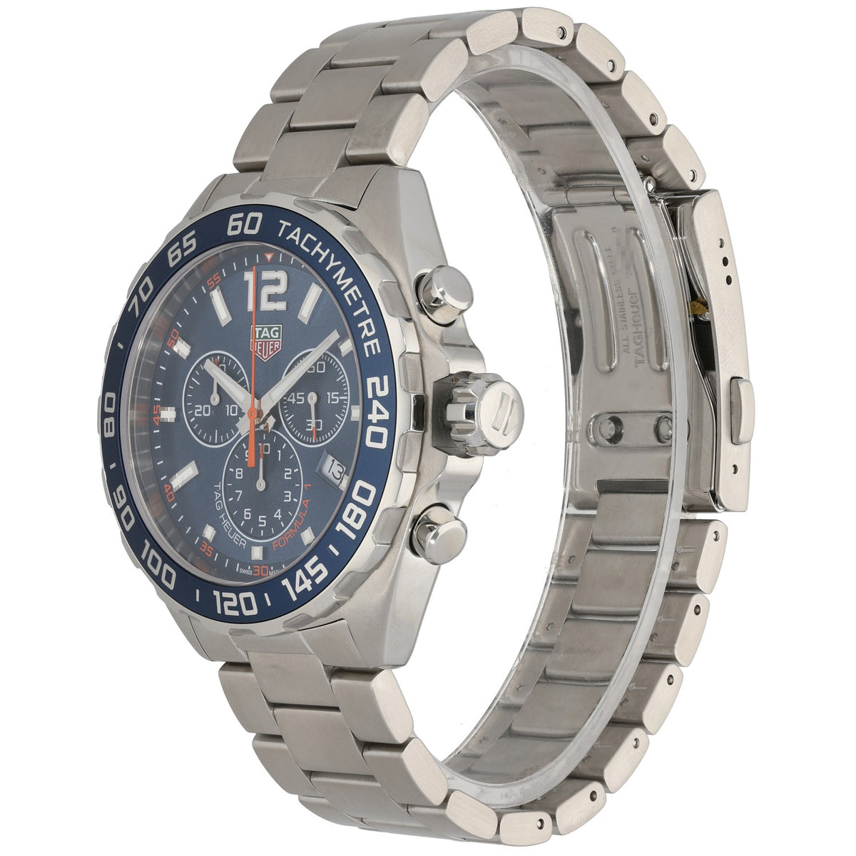 Tag Heuer F1 CAZ1014 stainless steel watch case and bracelet, blue tachymeter bezel, side view