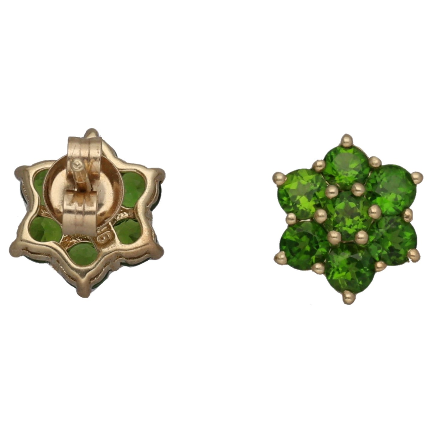 9ct gold flower-shaped cocktail earrings with green gemstone cluster