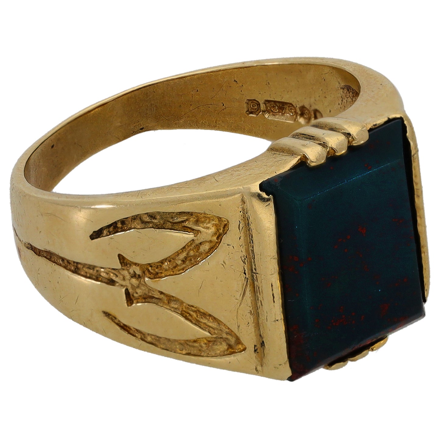 9ct Gold Bloodstone Patterned Signet Ring Size Q