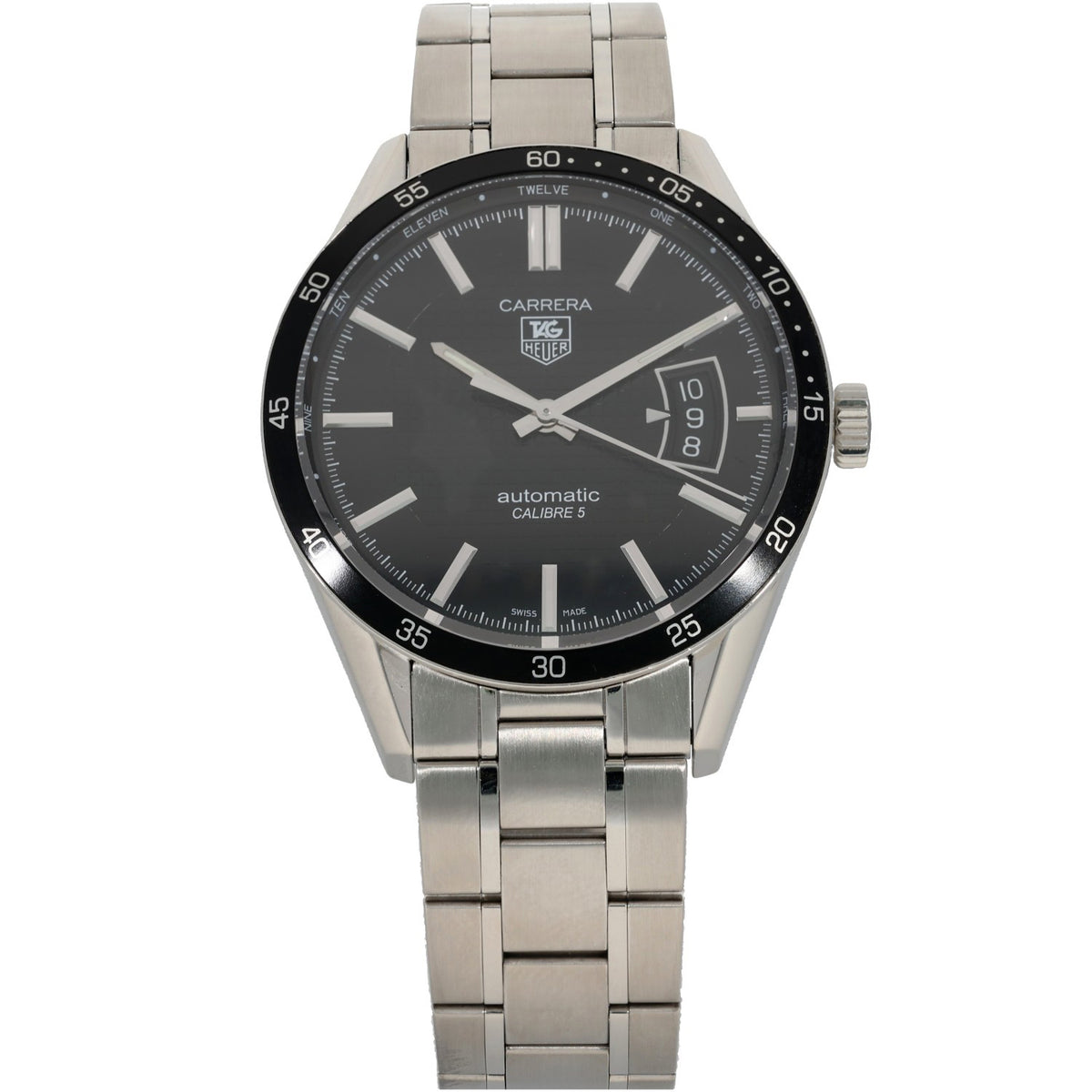 Tag Heuer Carrera WV211M, stainless steel bracelet and case housing a black dial with baton hour markers, front image