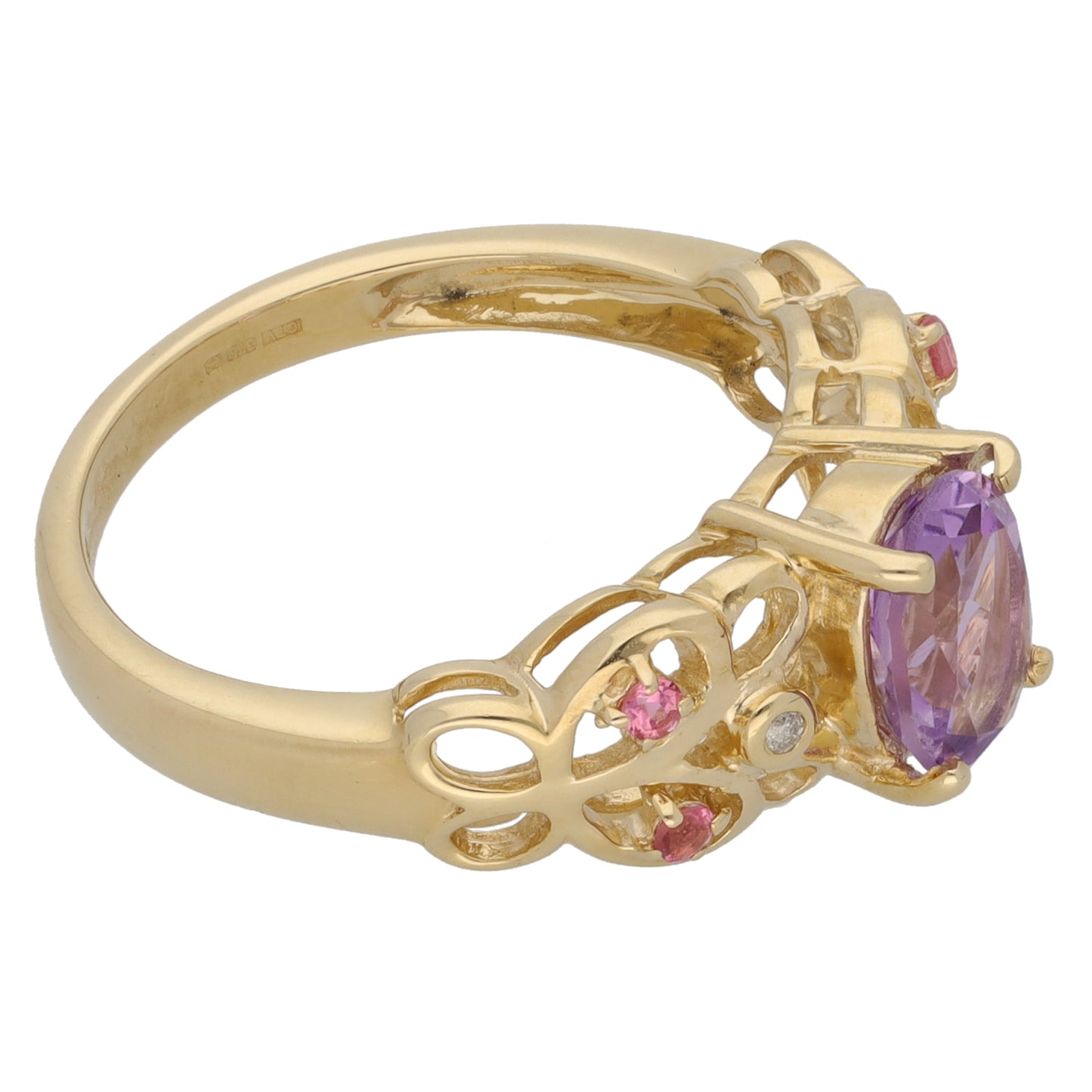 9ct Gold Amethyst, Tourmaline & 0.02ct Diamond Dress/Cocktail Ring Size M