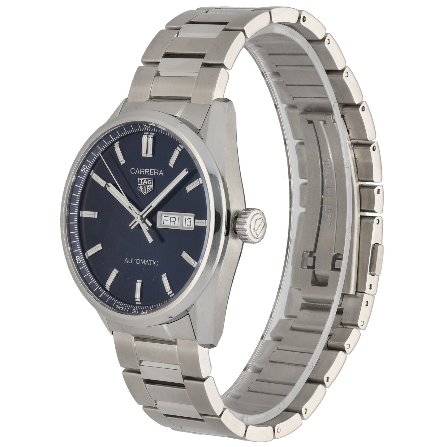 Tag Heuer Carrera WBN2012 stainless steel watch side view, navy dial, metal bracelet